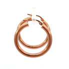 side view of 20mm 14k rose gold tube hoop earrings. picture shows size of hoop as well as closure.
