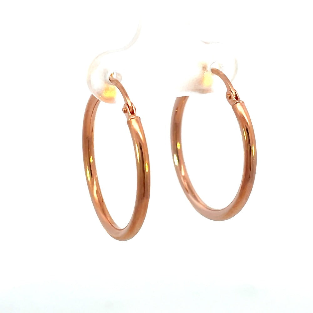 Front view of 20mm 14K rose gold hoop earrings that shows the thickness of the metal.