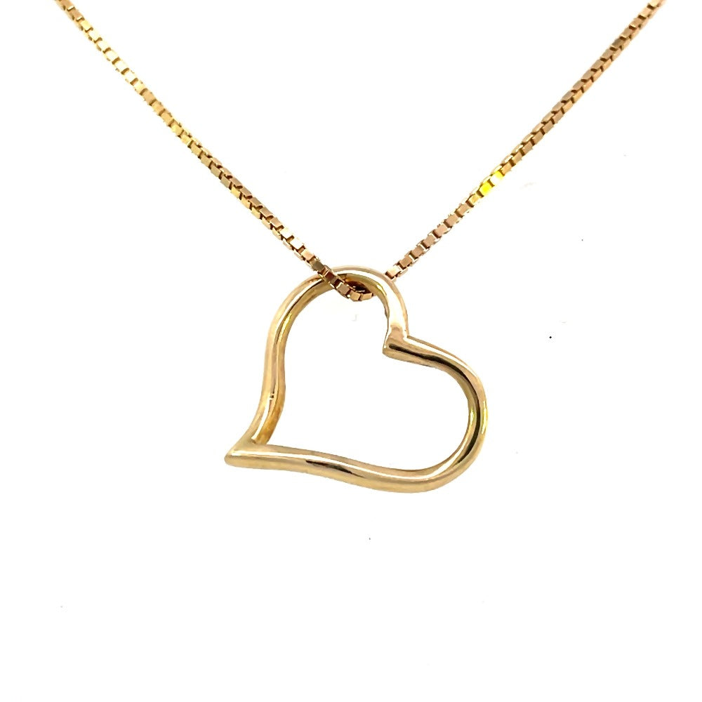 front view of 14ky open heart pendant on an 18 inch solid gold box chain