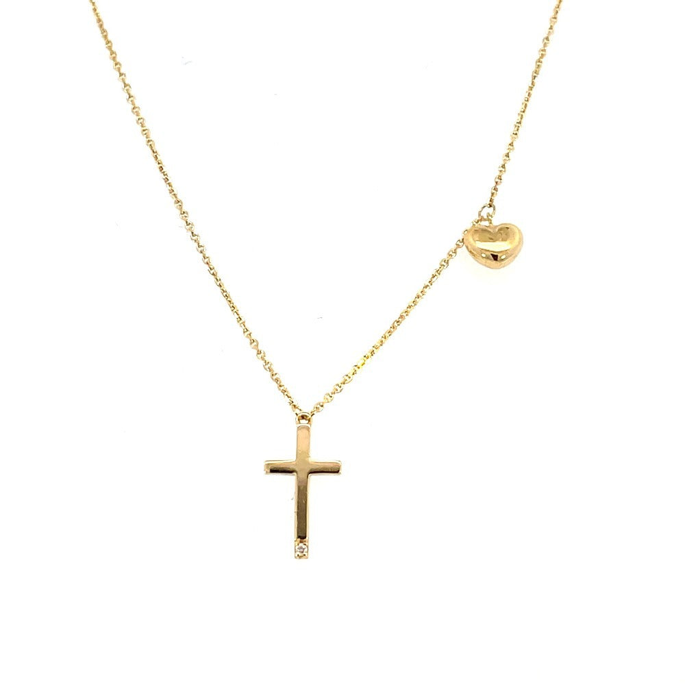 14KY Diamond Cross Pendant with Heart Charm