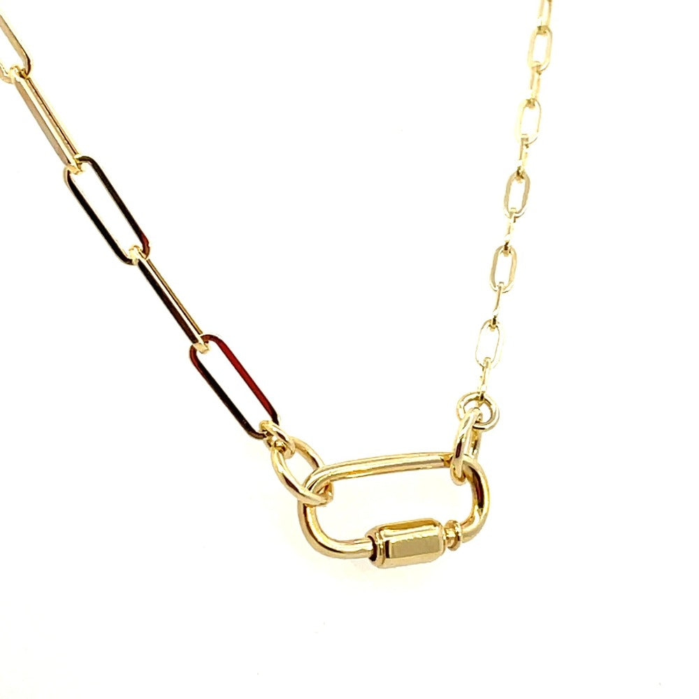 14KY Oval Clasp Pendant with Hexagon Twist Closure on Paperclip Chain