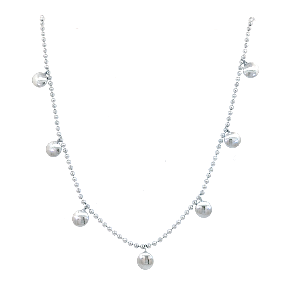 Front view of sterling silver disk drop necklace with beaded chain.