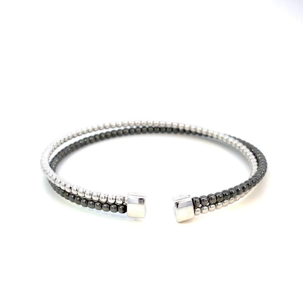 front view of sterling silver two row beaded cuff bracelet