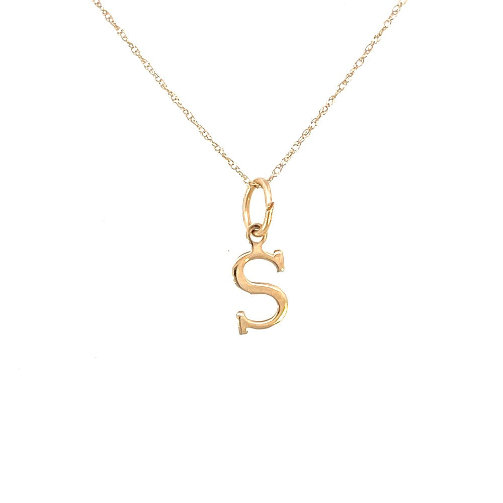 front view of 14 karat yellow gold initial S pendant