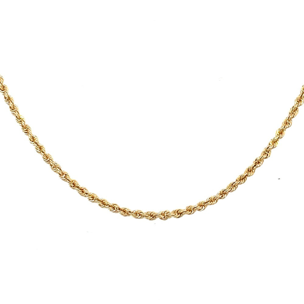 detail view of 16 inch long 14k yellow gold diamond cut rope chain