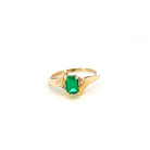 front view of 10 karat yellow gold emerald cut synthetic emerald ring with diamond accents