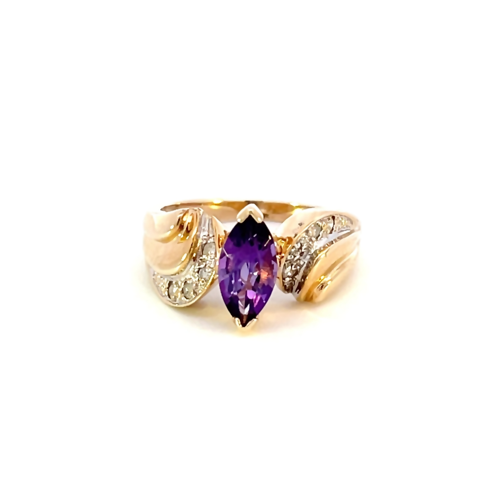 front view of 10k yellow gold amethyst and diamond ring
