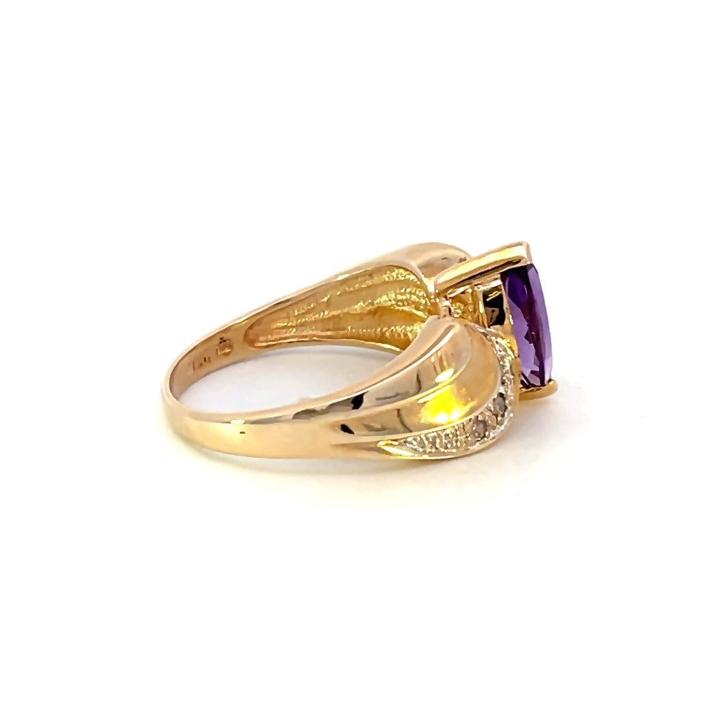 side view of 10k yellow gold amethyst and diamond ring