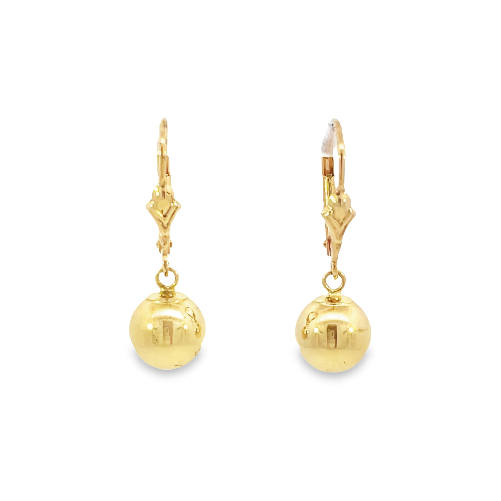 front view of 14KY gold ball drop earrings