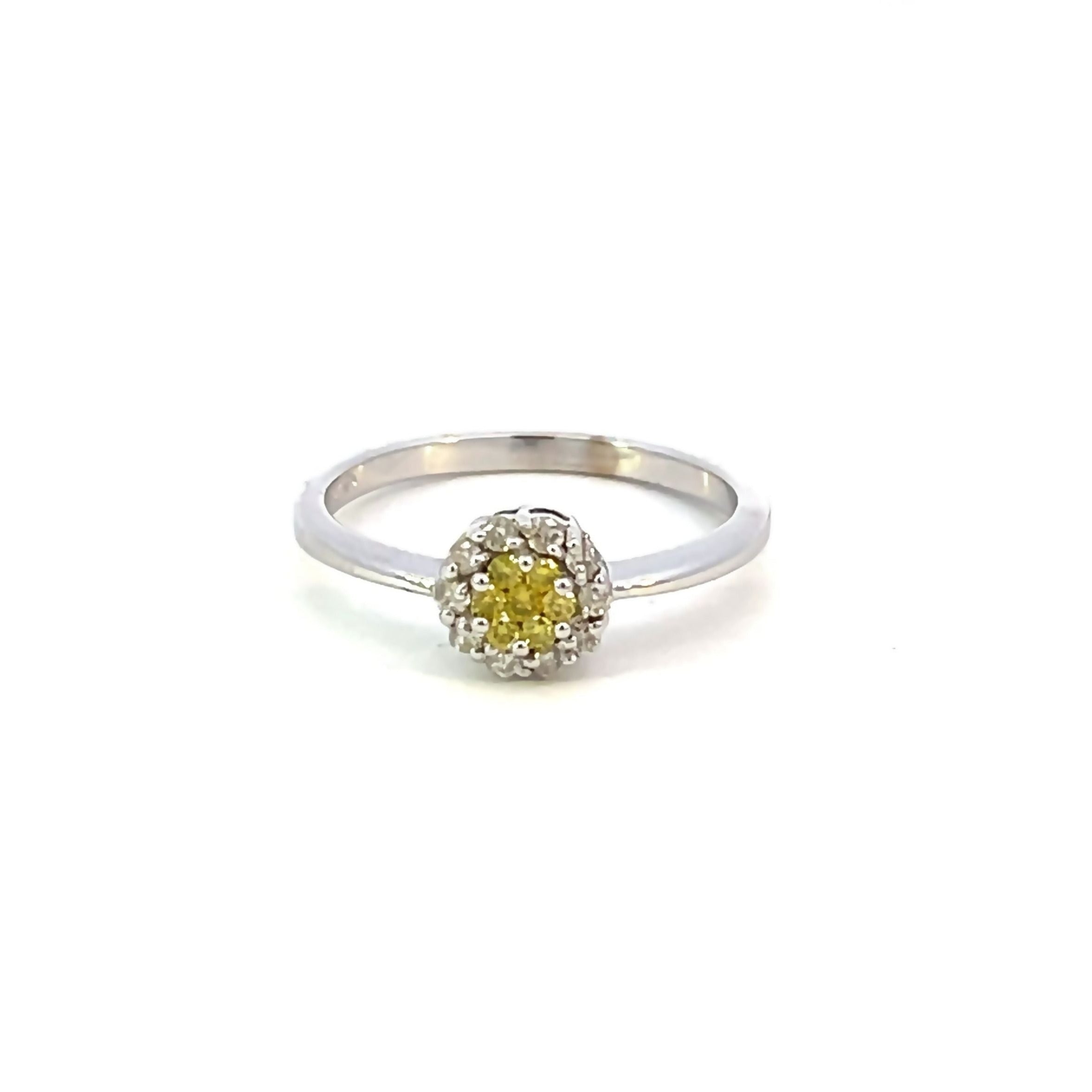 front view of 14kw yellow and white diamond cluster style ring