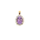 detail view of 10ky amethyst and diamond halo style pendant