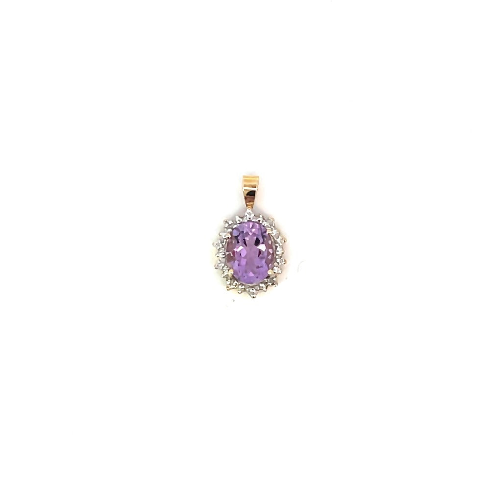 front view of 10ky amethyst and diamond halo style pendant