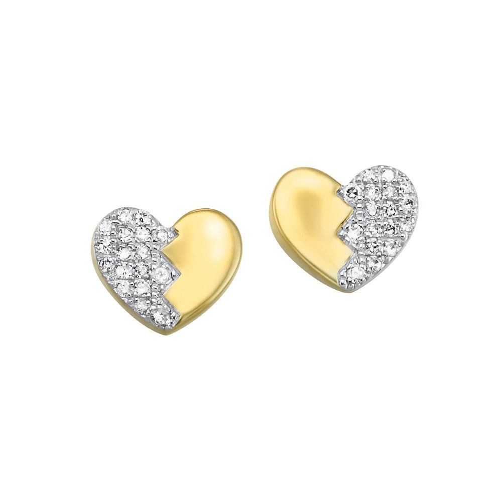 view of yellow gold variant of 10k gold and diamond heart shaped stud earrings.