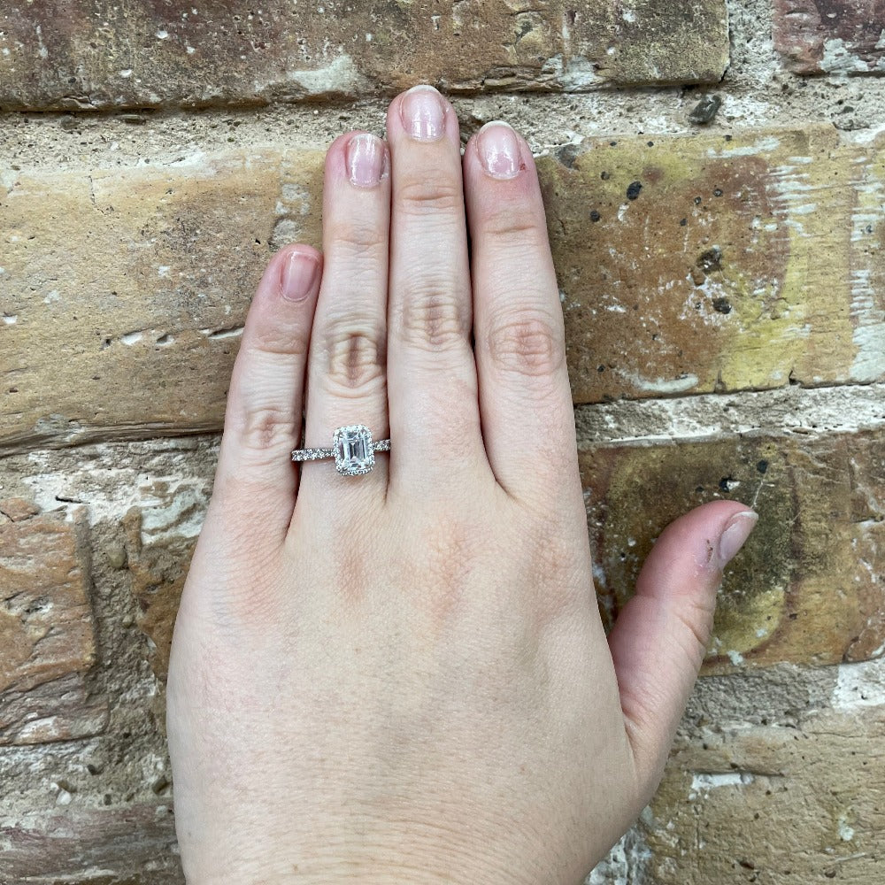 14K White Gold Emerald Halo Head with Scallop Shank Cathedral Engagement Ring on hand