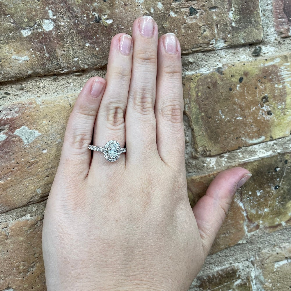 14K White Gold Oval Halo-Style Engagement Ring on Model