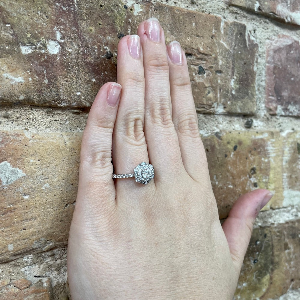 14K White Gold Round Center Diamond Halo Style Engagement Ring 1CTW on hand