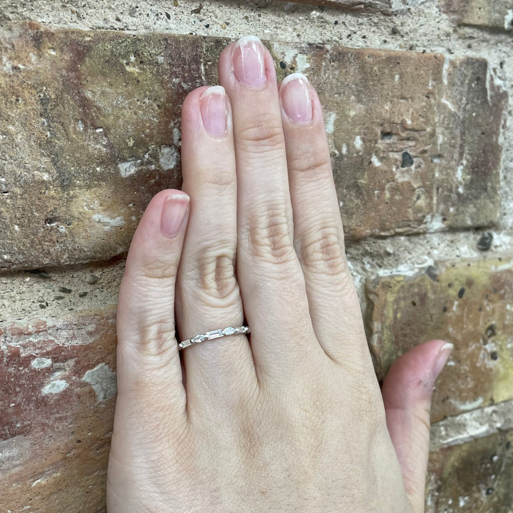 Diamond Wedding Band with Marquise and Baguette Cut Stones on model