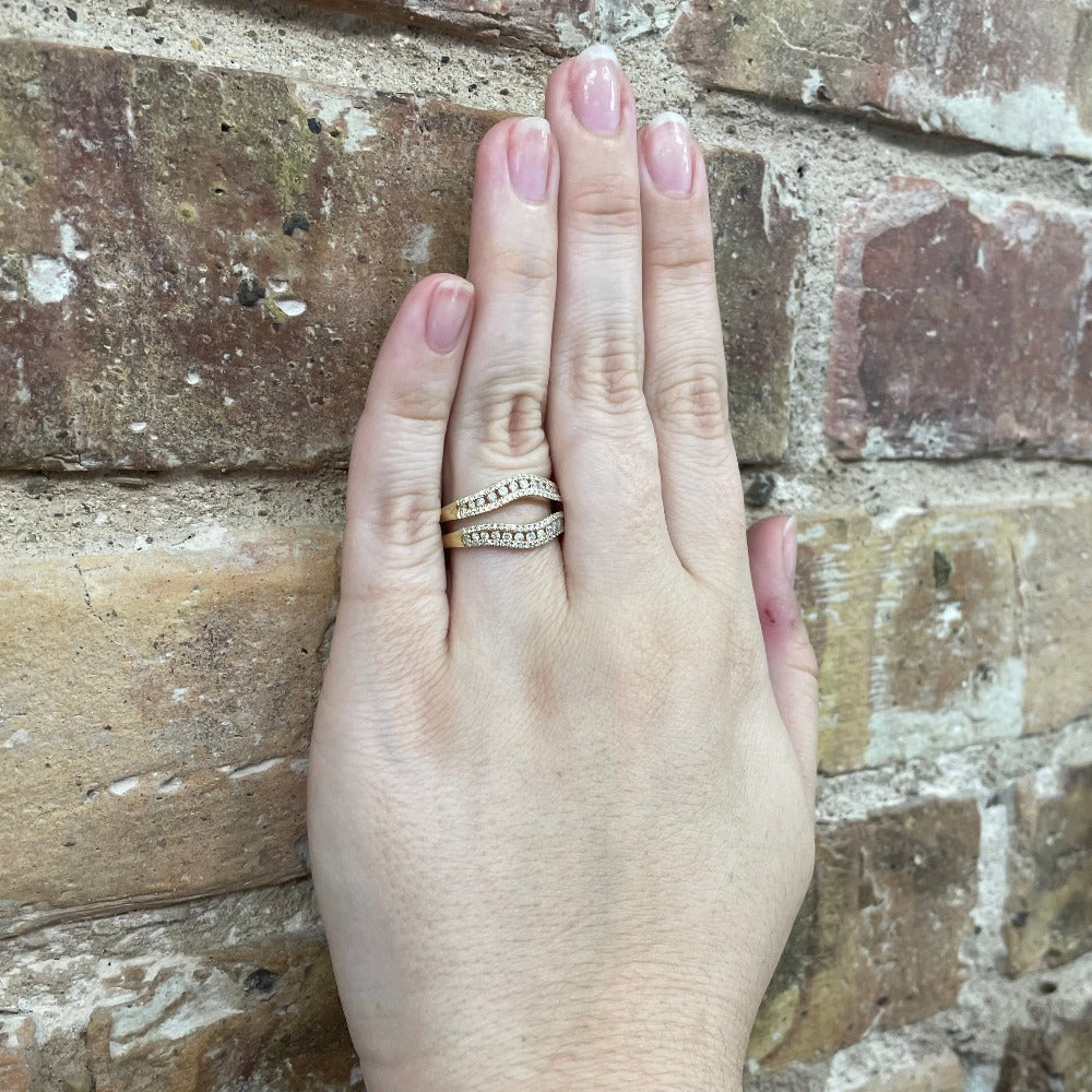 14K Yellow Gold Curved Diamond Wedding Guard on model