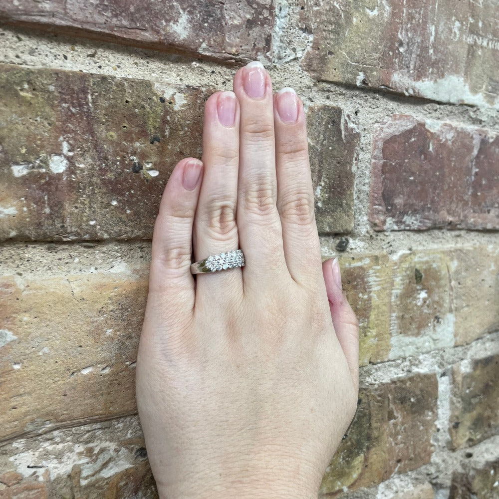 14K White Gold Three Row Diamond Band 1 Carat Total Weight on model hand