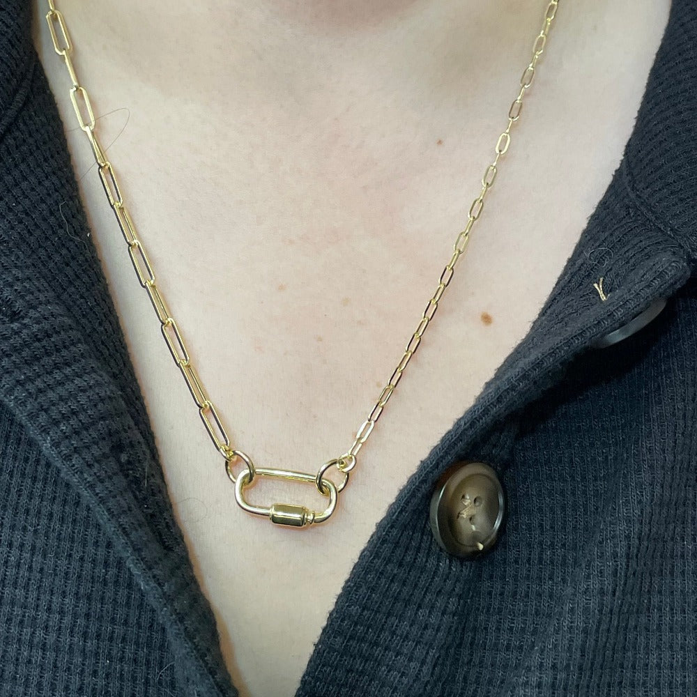 14KY Oval Clasp Pendant with Hexagon Twist Closure on paperclip chain