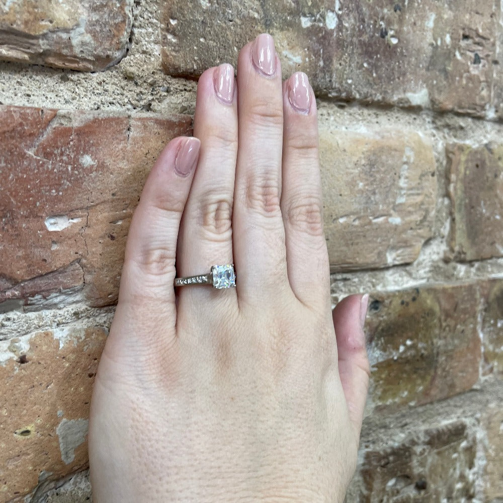 1.5CT Assher Cut Lustour Simulated Diamond Engagement Ring on hand