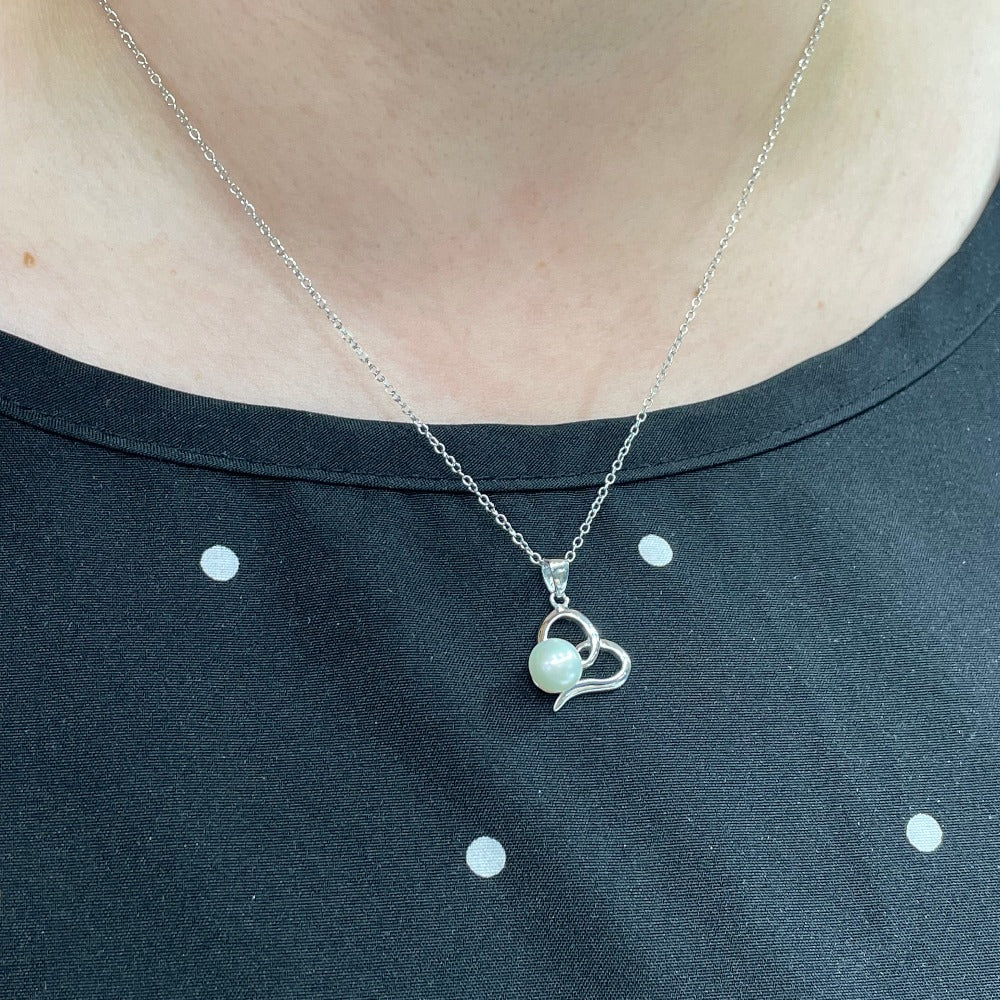 Sterling Silver & Yangtze Pearl Open Heart Pendant on model