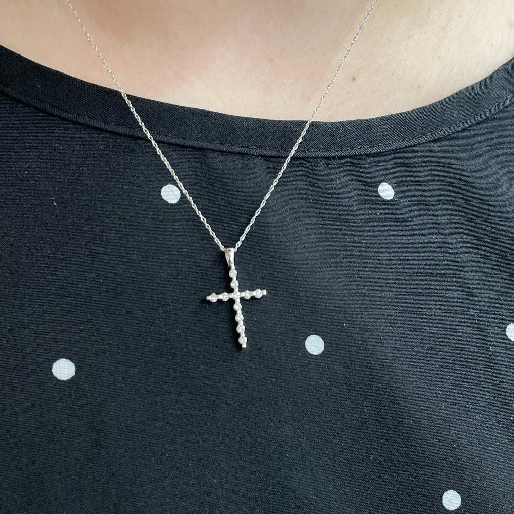 14K White Gold & Diamond Bar-Set Classic Cross Pendant on model