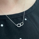 14K White Gold Double Oval Connected Circle Diamond Pendant on model