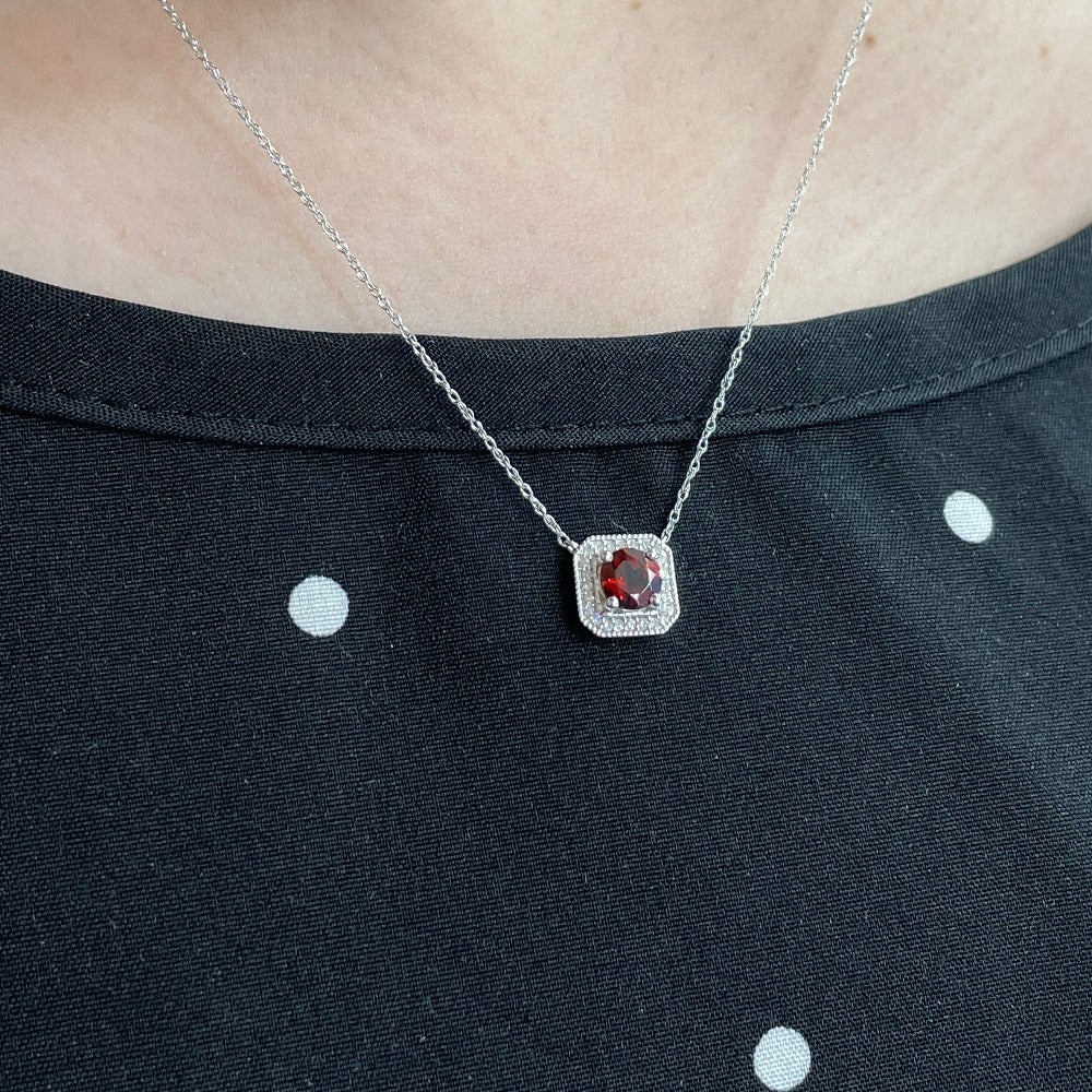 10KW Garnet and Diamond Halo Style Necklace on model