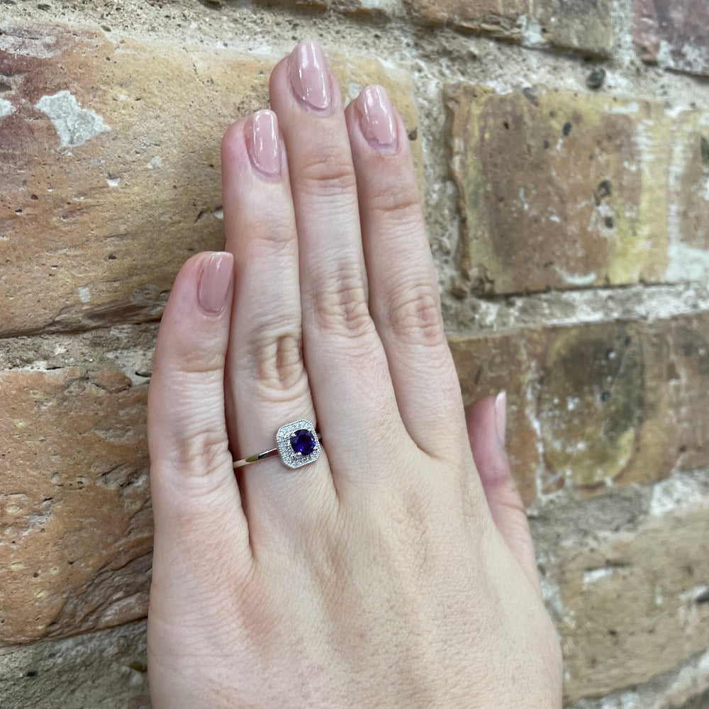 10K White Gold Amethyst and Diamond Halo Ring on model