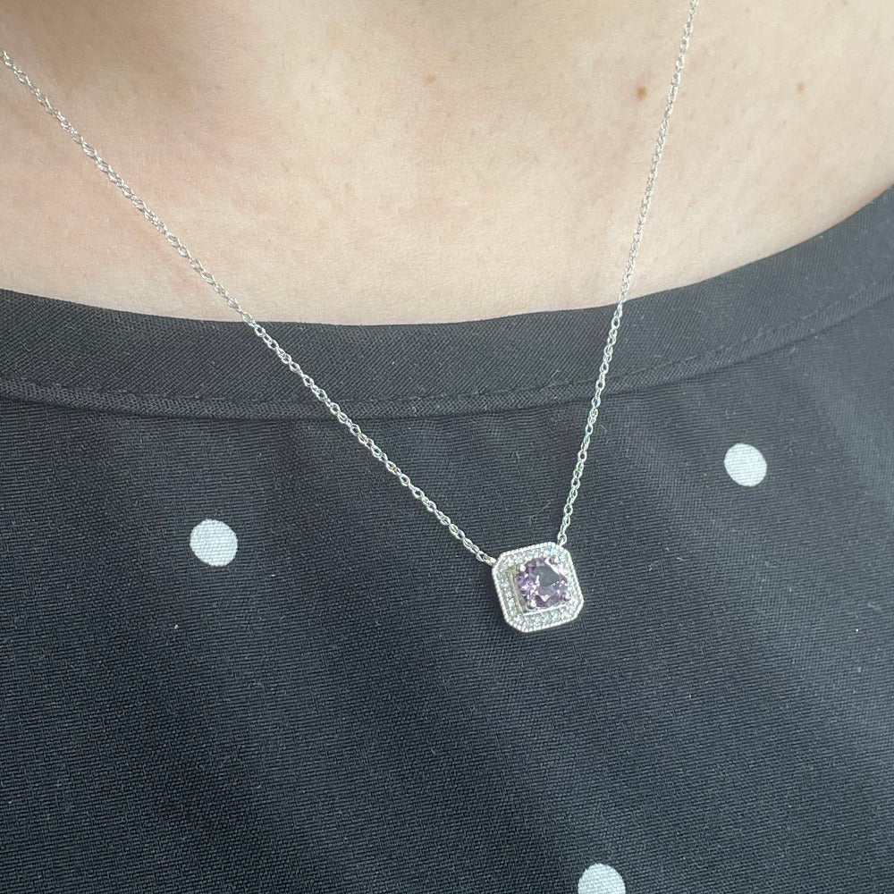 10KW Alexandrite and Diamond Halo Necklace on model