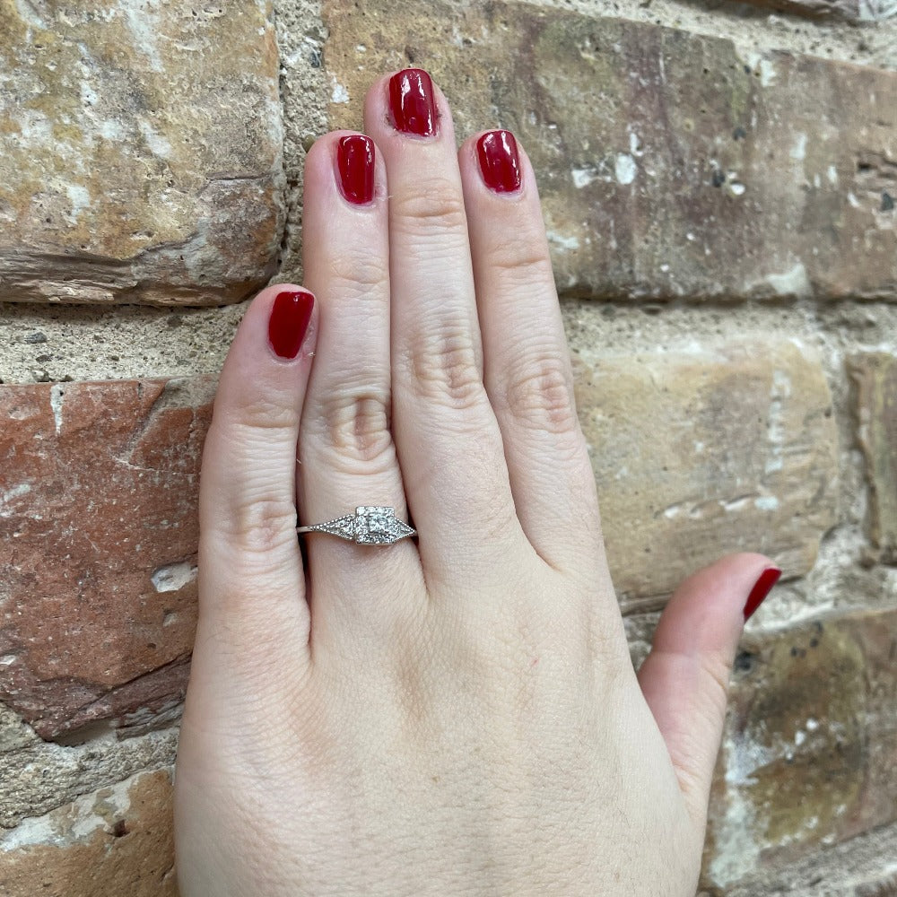 10KW White Gold Princess Diamond Engagement Ring with Square Halo 1/4 CTW  on model