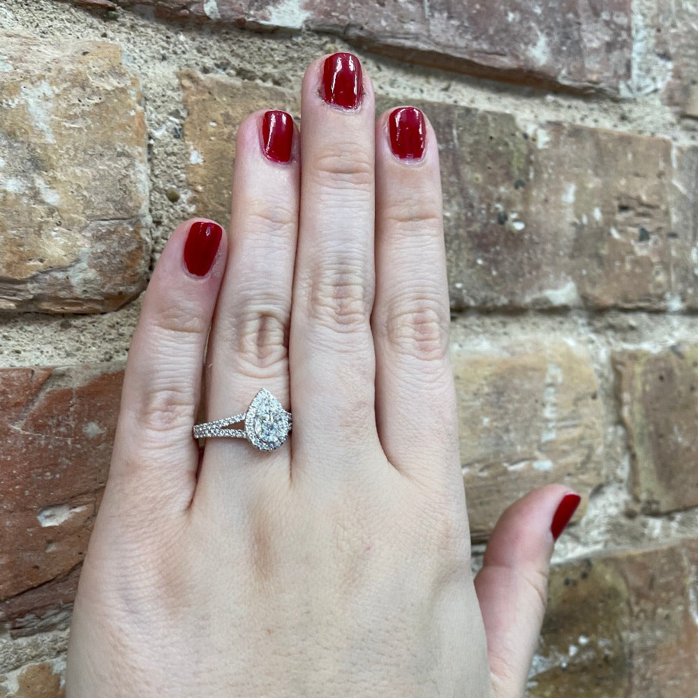 14KW Pear Shaped Center Diamond Engagement Ring with Halo 1 CTW on model