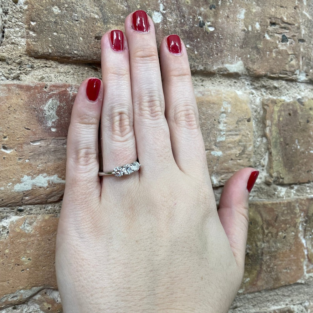 14KW Three Stone Diamond Engagement Ring 1 CTW on model