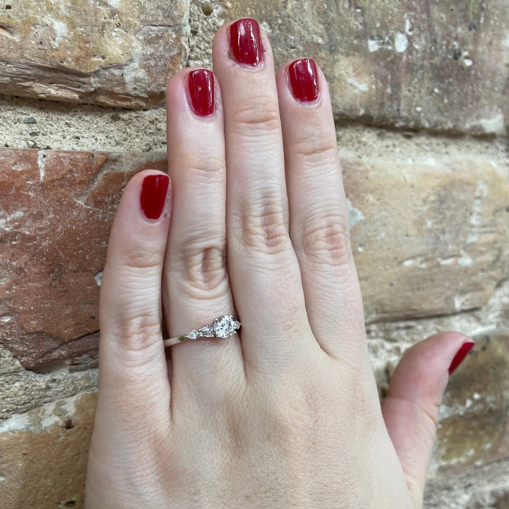 Semi-Set 14KW SallyK Engagement Ring with Baguette and Pear Shaped Diamond Accents 1/5 CTW on model