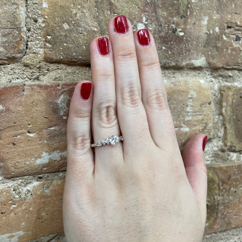 Semi-Set 14KW SallyK Diamond Engagement Ring with Round and Pear Accents 1/3 CTW on model