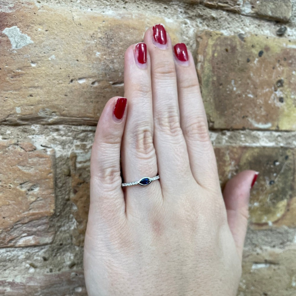 14KW East-West Marquise Blue Sapphire Ring with Diamond Accents 1/10 CTW on model