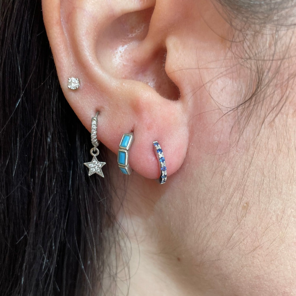 14KW Reversible Diamond and Blue Sapphire Hoop Earrings on model