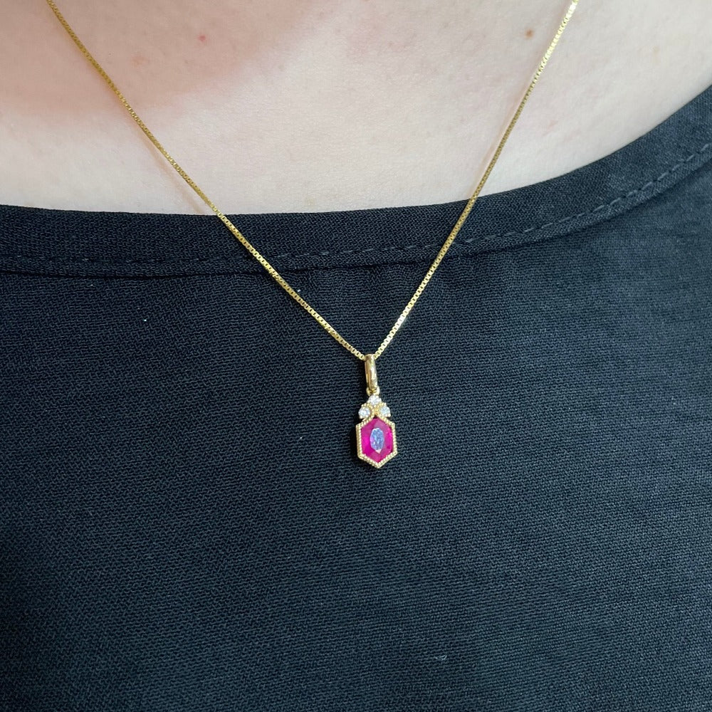14KY Hexagon Ruby Pendant with Diamond Accents on model