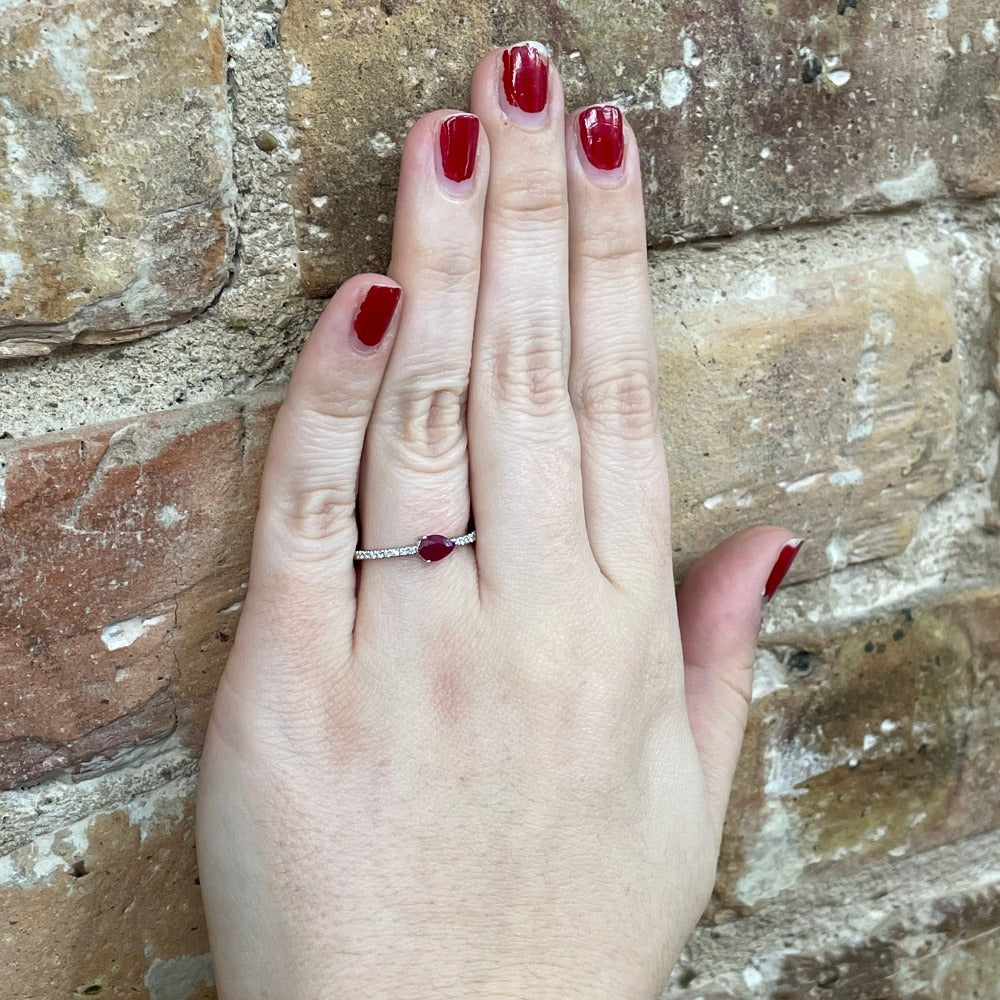 14KW Pear Shaped Ruby Fashion Ring with Diamond Accents on model