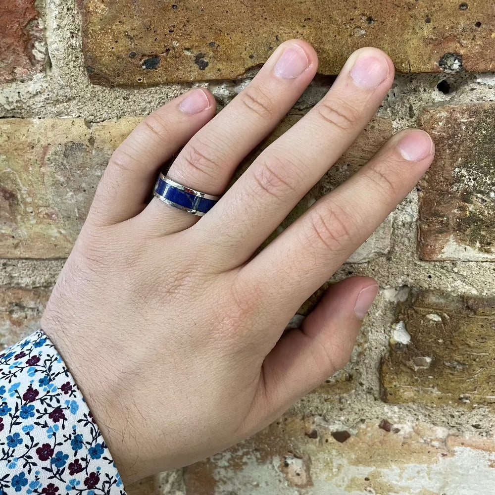 Men's 8mm Cobalt Chrome Band with Lapis Inlay on hand