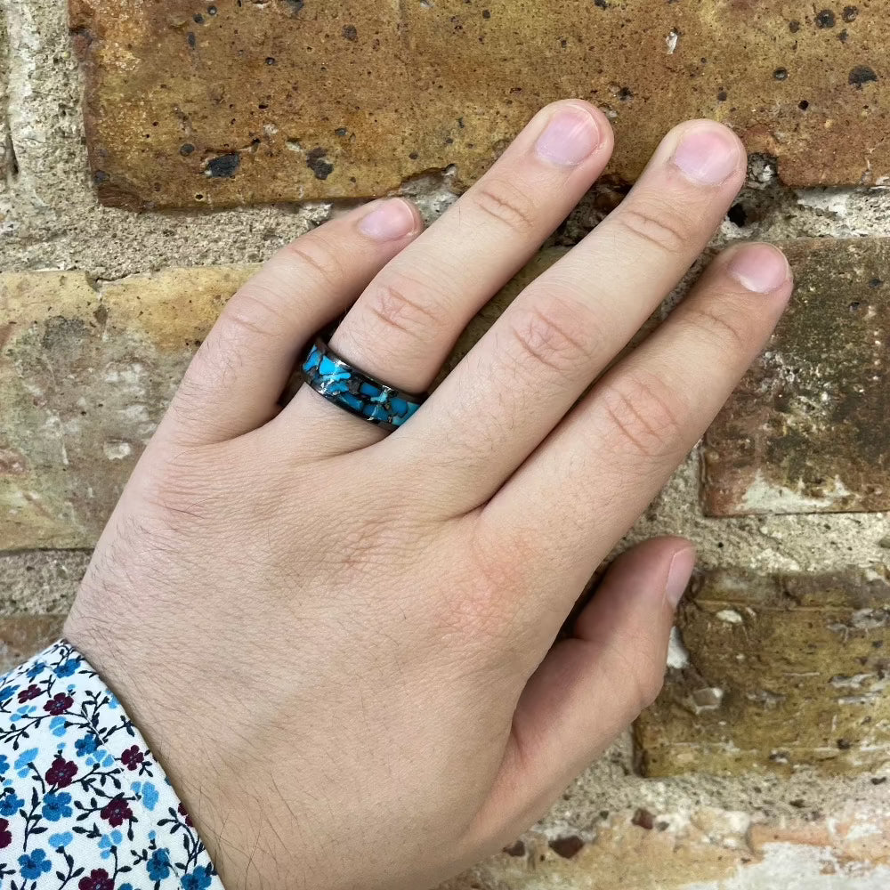 Men's 8mm Black Ceramic Band with Reconstituted Turquoise Inlay