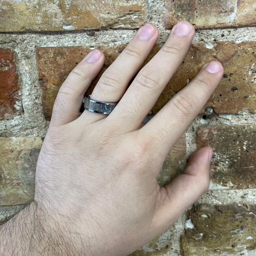 Men's 8mm Tungsten Band with Antler Inlay on hand