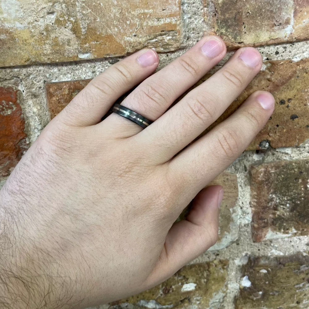Men's 5mm Minimalist Black Zirconium Band with 14K White Gold Inlay on hand