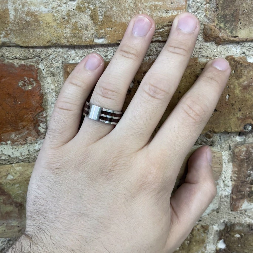 Men's 8mm Cobalt Band with Cocobolo Wood on hand