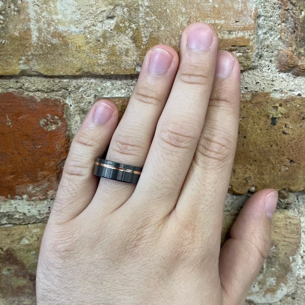 Men's Pipe Cut Black Zirconium with 14K Rose Gold Inlay on hand