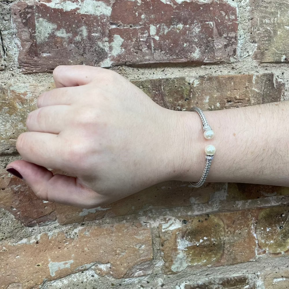 Sterling Silver Basket Weave Cable Cuff with Pearls on model