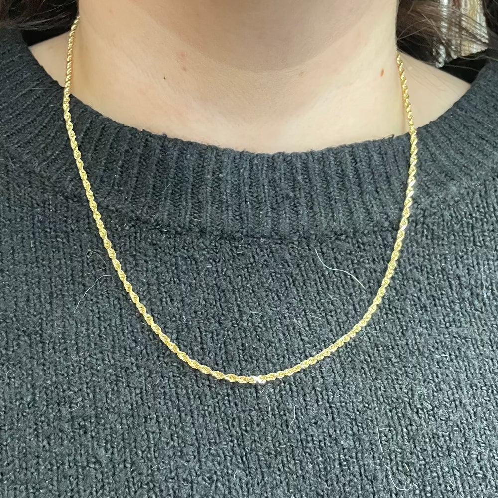 10K Yellow Gold Diamond Cut Rope Chain Necklace on model