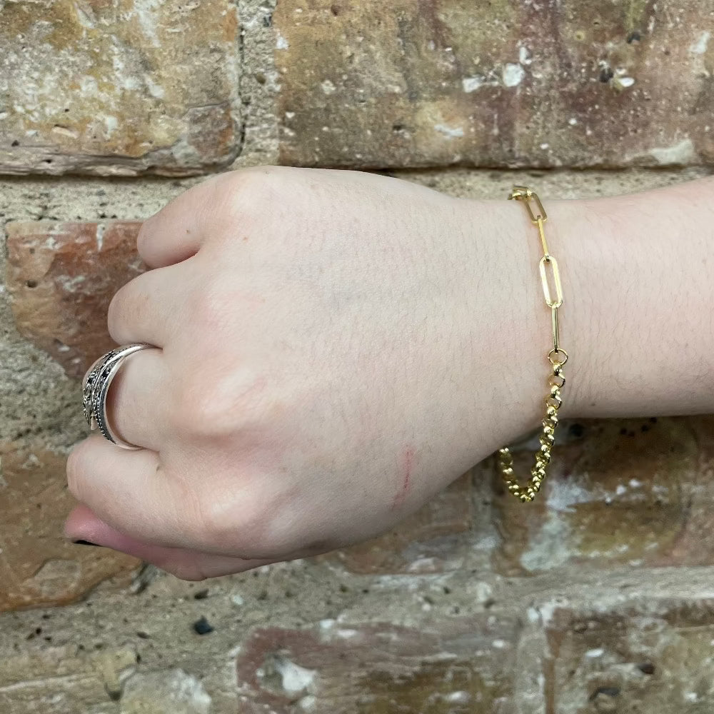 14K Gold Split Paperclip and Rolo Chain Bracelet on model