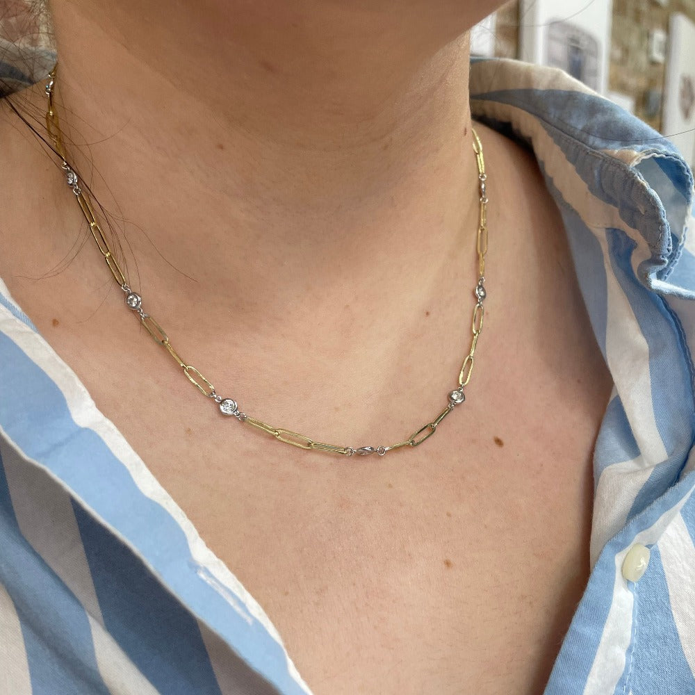 14K Two Tone Diamonds by the Yard Paperclip Necklace .98CTW on model